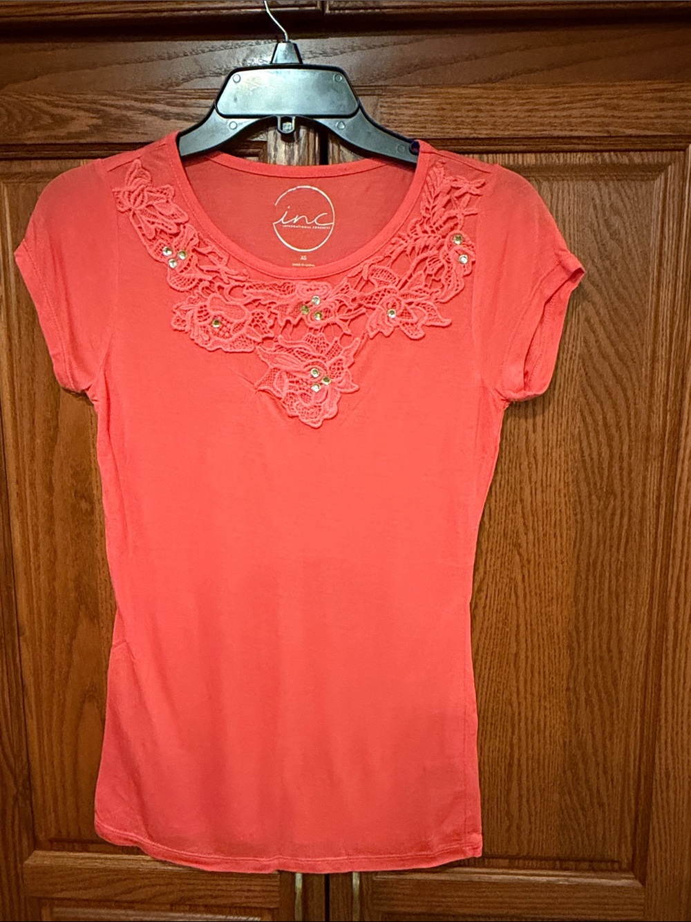 INC International Concepts Coral Short Sleeve Top with Floral Lace Neckline